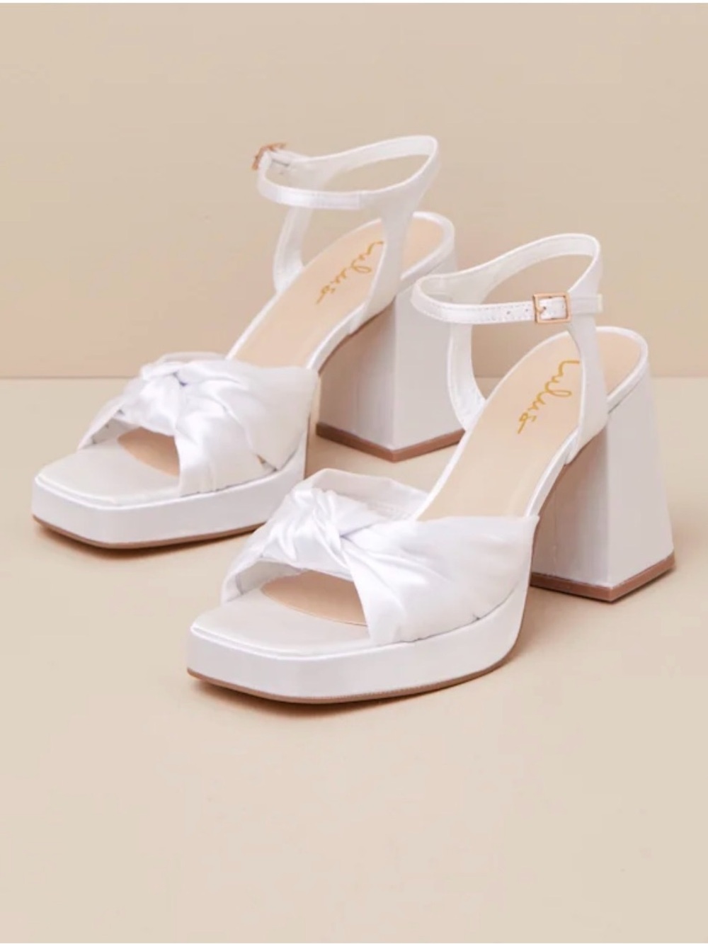 White Knotted Satin Block Heel Sandals - Women